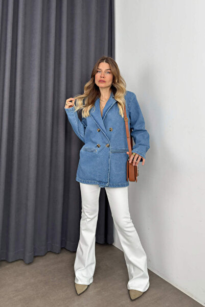 Sue Store Μπλε τζιν παλτό με διπλό γιακά με κουμπιά Oversize