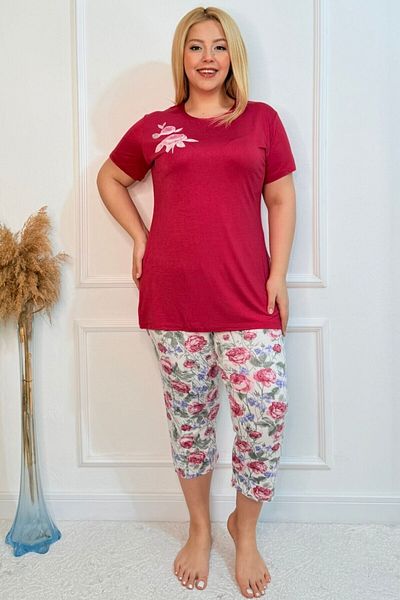 tarzımsüper Plus Size Elastic Waist Comfort Model Viscose Cotton Women's Capri Pajamas Suit