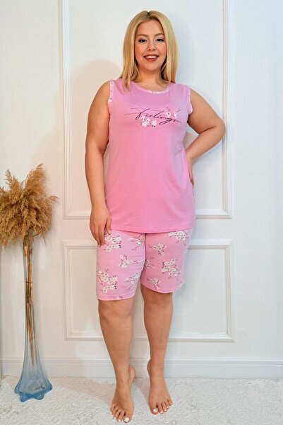 tarzımsüper Plus Size Comfort Sleepwear Set with Bottom Top Shorts Patterned Double Cotton 2-Piece Bottom-Top Suit