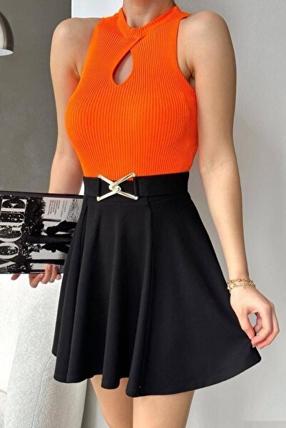 bayansepeti Turuncu Triko Kumaş Dik Yaka Damla Dekolte Detay Yaka Basic Bluz 0285