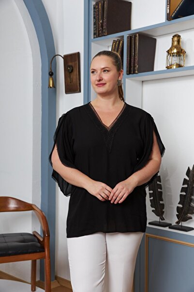 RMG Μπλούζα μεγάλου μεγέθους με γκάζι και μανίκια με κορδόνια, μαύρη