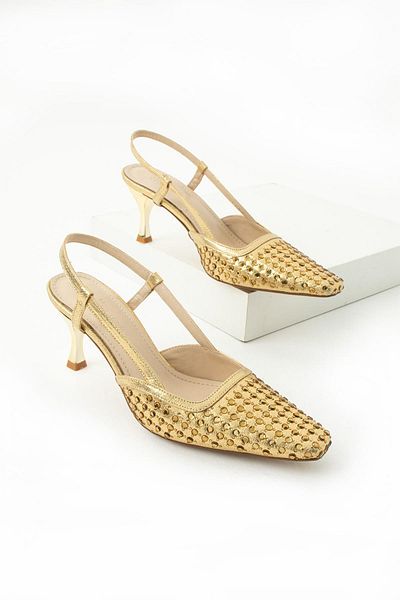 diclepolat Women's Gold Open Back Blunt Toe Stone Medium Heeled Women's Shoes 5 cm