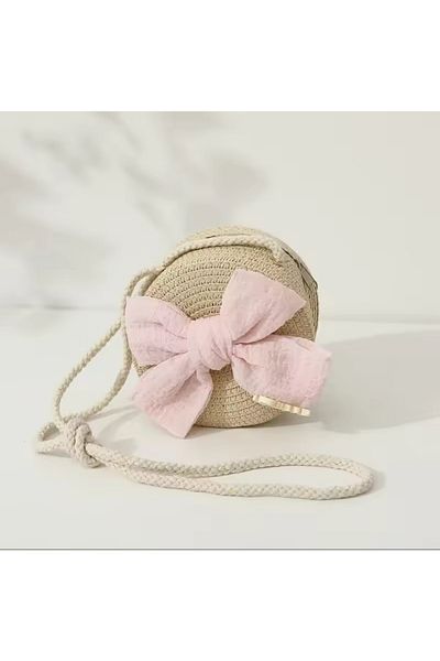 REBORN DESIGN Macrame Rope Hanging Fabric Bow and Sweet Text Detailed Circle Model Beige Color Straw Bag