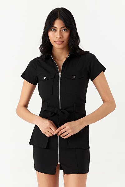 Select Moda Rochie midi din denim cu fermoar cu centură neagră pentru femei