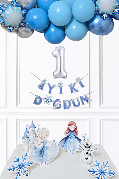 PEKSHOP Frozen Elsa Tema Doğum Günü Balon Zinciri Seti Masa Üstü Panolar Karlar Ülkesi Konsept Yaş Doğum Gün