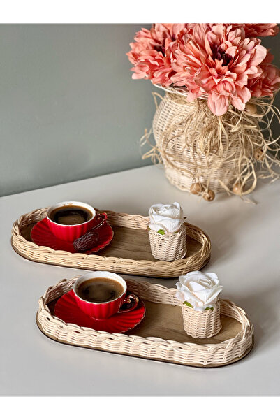 Maison Avf 4'lü Rattan Düzenleyici Tepsi & Güllük Sunum Seti Kahve Sunumluğu (GÜL DAHİLDİR)