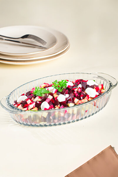 Porsima 1289 Kayo Desenli Cam Meze Tatlı Sunum Salata Tabağı Cam Tabak Fırın Kabı 16x28 Cm