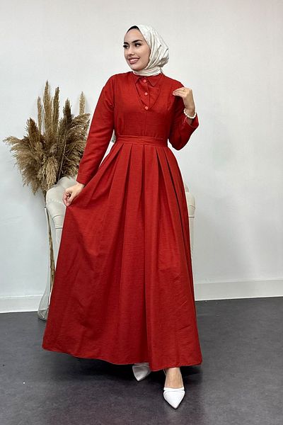 Tesettür Diyarı Πλισέ φόρεμα Gilet με πουκάμισο μέσα