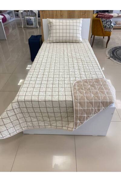 Sudem Home Collection Tek Kişilik Kapitoneli Çift Taraflı Yatak Örtüsü Takımı Genç Çocuk Odası Yatak Örtüsü Bej Kare