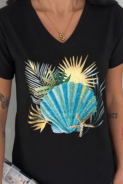 FEMELLE Tricou negru pentru femei, cu decolteu în V, cu paiete, brodat, 100% bumbac