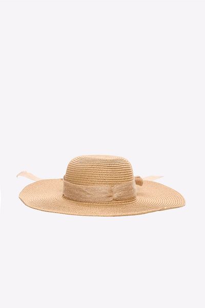 Haşema Beige Color Straw Beach Hat with Bow 2043
