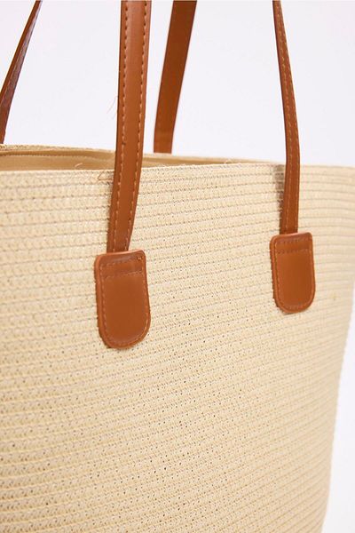 Haşema Leather Handle Zippered Beige Color Straw Beach Bag 3120