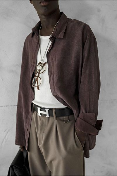 ablukaonline Ανδρικό Oversize Πλενόμενο Άνετο Πουκάμισο Καφέ