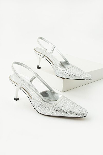 diclepolat حذاء نسائي فضي مفتوح من الخلف بمقدمة حادة وكعب متوسط ​​من حجر Robi...