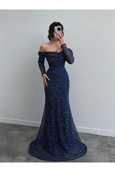 Serica Moda Lacivert Kayık Yaka Taşlı Abiye Elbise