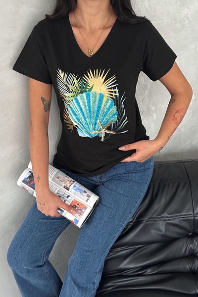 FEMELLE Tricou negru pentru femei, cu decolteu în V, cu paiete, brodat, 100% bumbac