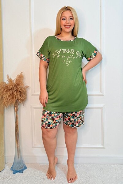 tarzımsüper Plus Size Comfort Sleepwear Set with Bottom Top Shorts Patterned Double Cotton 2-Piece Bottom-Top Suit