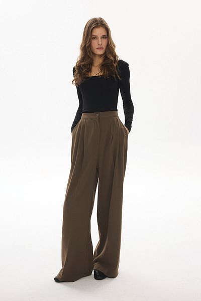 Hooopstore Παντελόνι Palazzo Dark Khaki με λεπτομέρεια από καουτσούκ