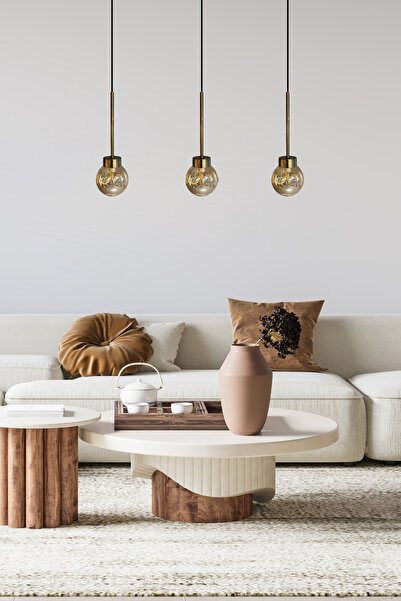 Bamyum Üçlü Petite Bal Rengi Cam Avize İnce Eskitme Başlık Retro Sarkıt Restoran Salon Aydınlatma