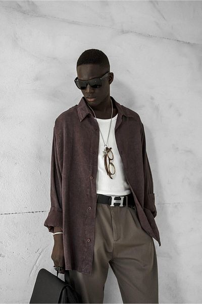 ablukaonline Ανδρικό Oversize Πλενόμενο Άνετο Πουκάμισο Καφέ
