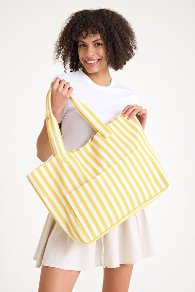 Simfa حقيبة شاطئ / حقيبة كتف نسائية مبطنة من القطن الممتاز ومخططة ملونة