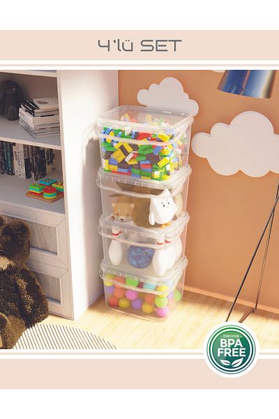 Packio 10 Liter 4-Piece Toy Organizing and Storage Box - Colorful Multi-Purpose Stackable Organizer