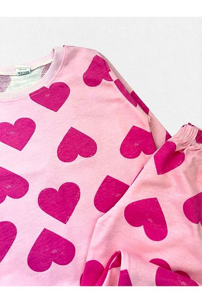 Fil Kids Girl's 100% Cotton Pink Heart Patterned Long Sleeve Seasonal Pajama Set