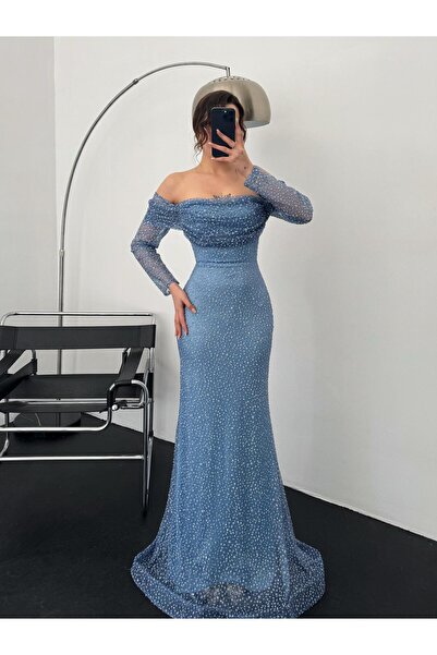 Serica Moda Mavi Kayık Yaka Taşlı Abiye Elbise