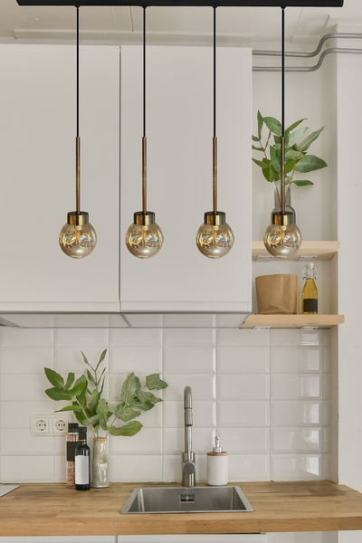 Bamyum Dörtlü Petite Cam Bal Rengi Tekli Avize İnce Eskitme Başlık Retro Sarkıt Restoran Salon Aydınlatma