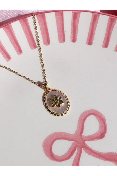 Reorah Collection Flower Shaped Steel Necklace with Pearls and Stones