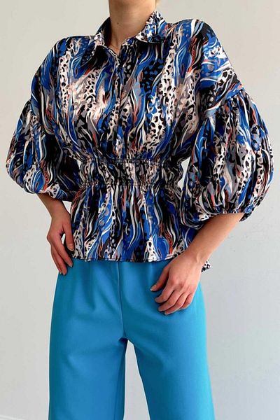 MODAVERA Satin Shirt with Elastic Waist - Blue
