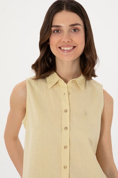 U.S. Polo Assn. Cămașă cu mânecă scurtă pentru femei, kaki deschis, amestecată de in 50298111-VR183