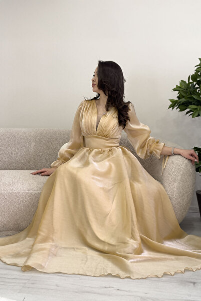 zks grup tekstil Asimetrik Etek Karpuz Kol Prenses V Yaka Abiye Elbise Su Yeşil, Siyah, Gold, Pudra, İndigo