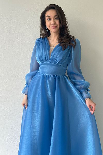zks grup tekstil Water Green, Black, Gold, Powder, Indigo Asymmetrical Hem Watermelon Sleeve Princess V-Neck Evening Dress