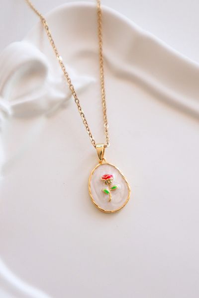 EFBUTİK Stainless Steel Gold Color White Enamel Tulip Necklace