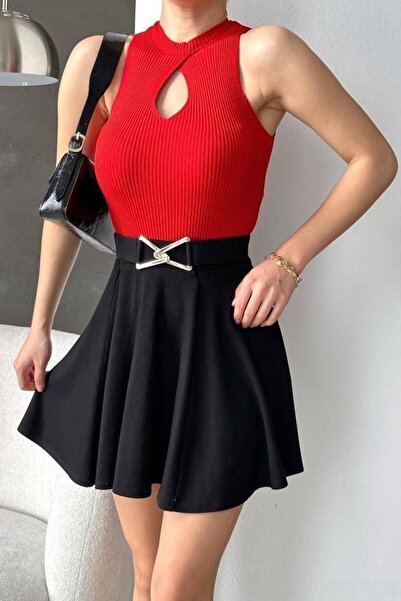 bayansepeti Red Knitwear Fabric Stand Collar Drop Low-Cut Detail Collar Basic Blouse 0285