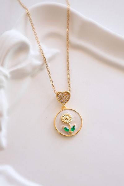 EFBUTİK Stainless Steel Gold Color Enamel Sunflower Necklace