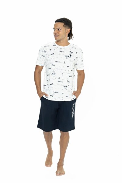 U.S. Polo Assn. 18879 Men's Ecru Half Sleeve Crew Neck Patterned Shorts Set