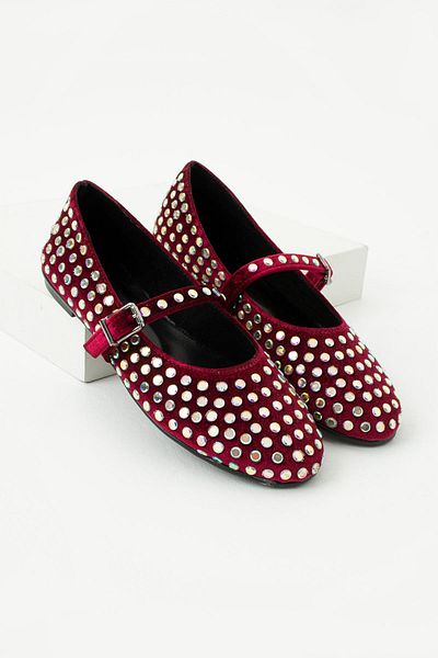 diclepolat Women's Helmet Stone Ballerina Shoes Mary Jane Sares Claret Red