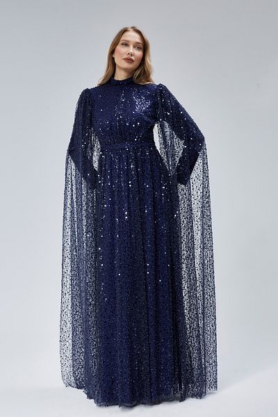 Asees Women's Evening Dress and Graduation Pearl Beading Sleeve Detailed Navy Blue Hijab Evening Dress