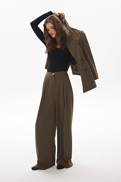 Hooopstore Παντελόνι Palazzo Dark Khaki με λεπτομέρεια από καουτσούκ