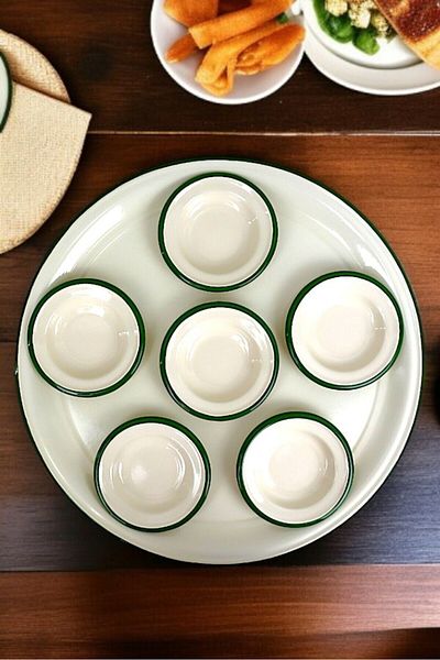İnci Emaye 7 Piece Large Size Green Enamel Breakfast Set, Presentation, Breakfast Plate, Jam Bowl, Dowry