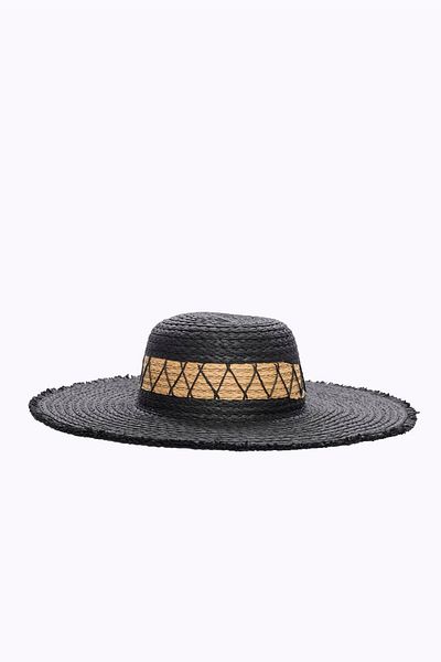 Haşema Black Straw Beach Hat - Stripe Detailed 2042