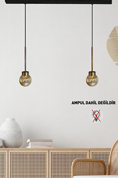 Bamyum Petite İkili Bal Rengi Cam Avize İnce Eskitme Başlık Retro Sarkıt Rest...