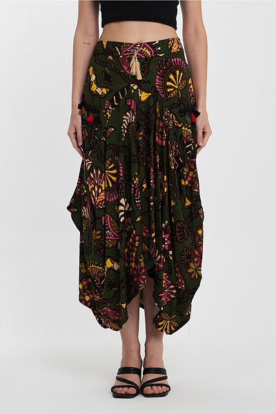 SCHIK Fusta de damă din viscoză cu imprimeu floral în stil boem, cu buzunare, cu talie elastică