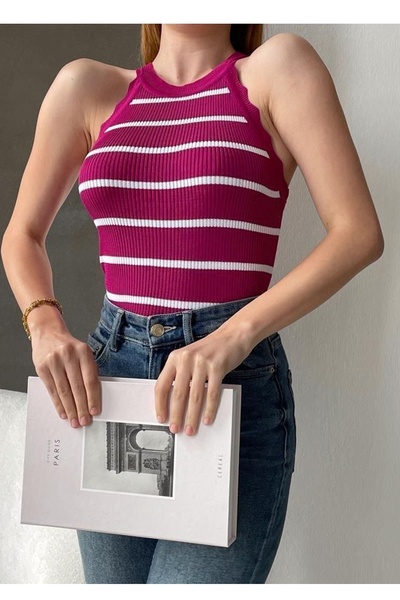 bayansepeti Πλεκτό Ύφασμα Βολάν Αμάνικη Ριγέ Μπλούζα 0298