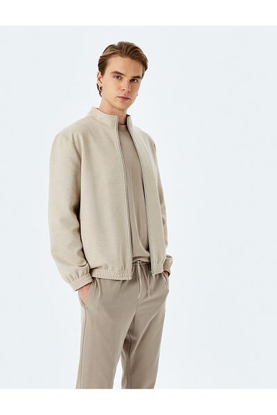 Koton Zippered Viscose Blended Pocket Detailed Pique Fabric Stand Collar Jacket