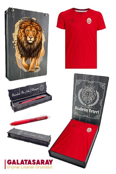 Galatasaray Γνήσιο Umbro V Neck Red T-Shrt + Σετ μολυβιού με μύτη Ξύλινο Κουτί