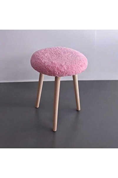 Toprak Atelier RENY Ahşap Retro Ayak Dekoratif PEMBE Peluş Puf Tabure Bench Koltuk Sandalye