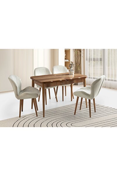 Evistro Ahşap Salon Yemek Masa Sandalye Takımı 4 Sandalyeli Ortadan Açılır Bü...